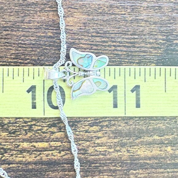 VTG Sterling Silver 925 Abalone Butterfly Pendant Necklace Size 18" Adjustable - Picture 12 of 14